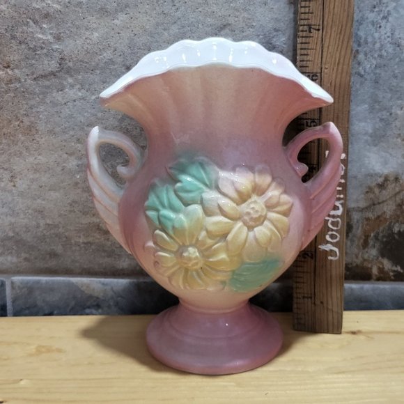 VTG USA Pottery Pink Green Yellow Flower Vase Pleated Fan Top Double Handles - Picture 7 of 14